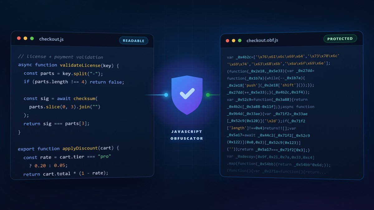 Readable JavaScript on the left transformed by JavaScript Obfuscator into protected, unreadable code on the right